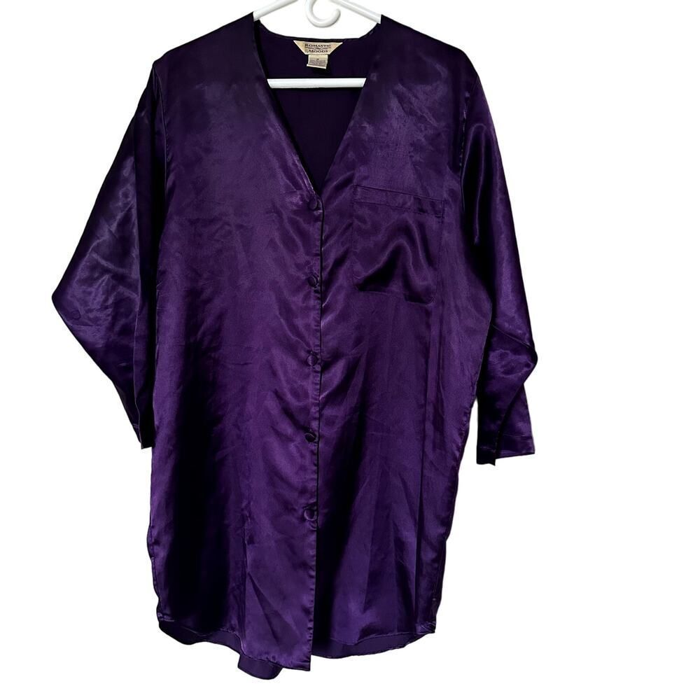 VNTG Romantic Moods Dark Purple Silk Like Long Sleeve Button Down Sleep Shirt- M